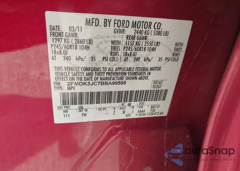 2011 Ford Edge Sel z USA, uszkodzony, nr VIN 2FMDK3JC7BBA99595